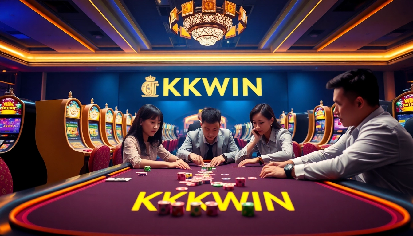 Players enjoy thrilling gambling action at KKWIN's luxurious casino with vibrant tables and machines.