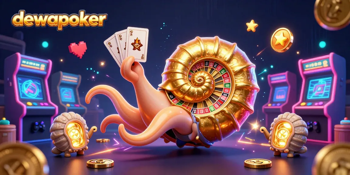 Play poker at dewapoker with a vibrant 3D illustration of a nautilus roulette wheel surrounded by gaming elements.