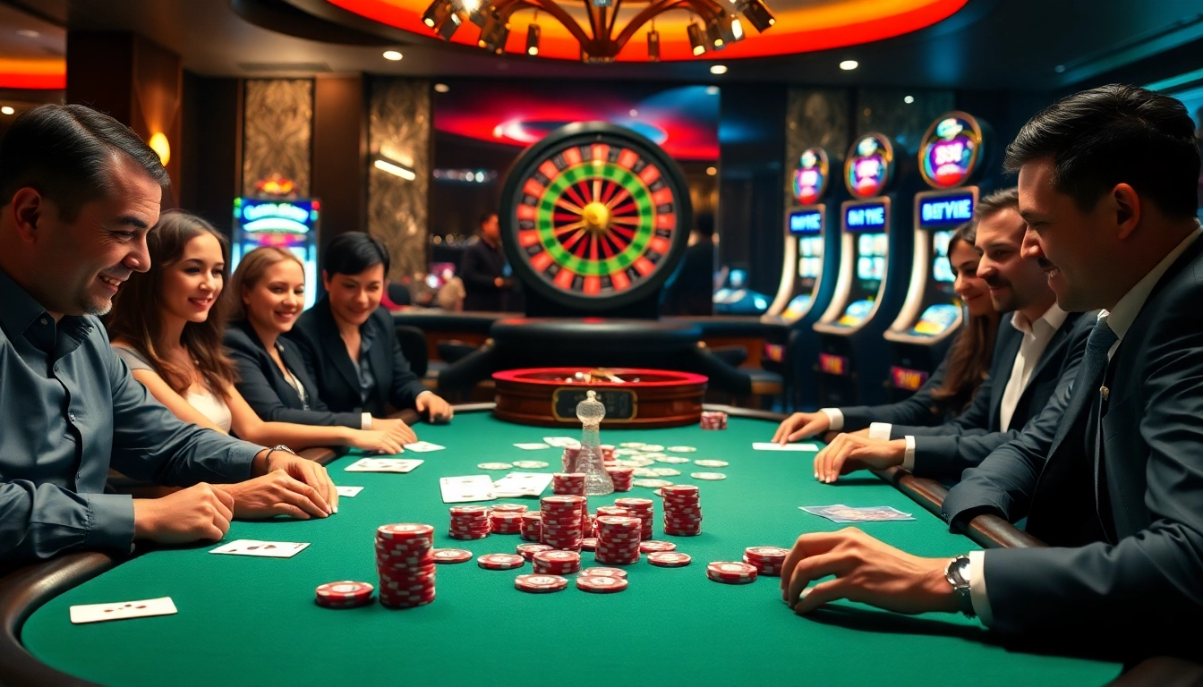 Vibrant poker scene featuring players at a table with 88i branded chips, highlighting excitement and luxury.