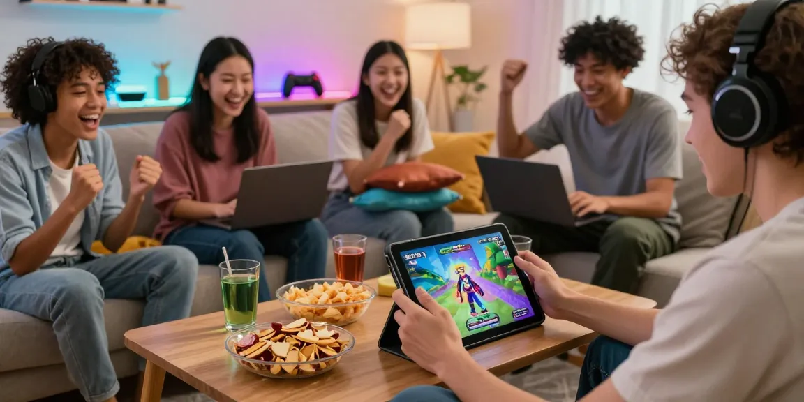 Engaging scene of friends enjoying mobile hentai games in a cozy gaming environment.