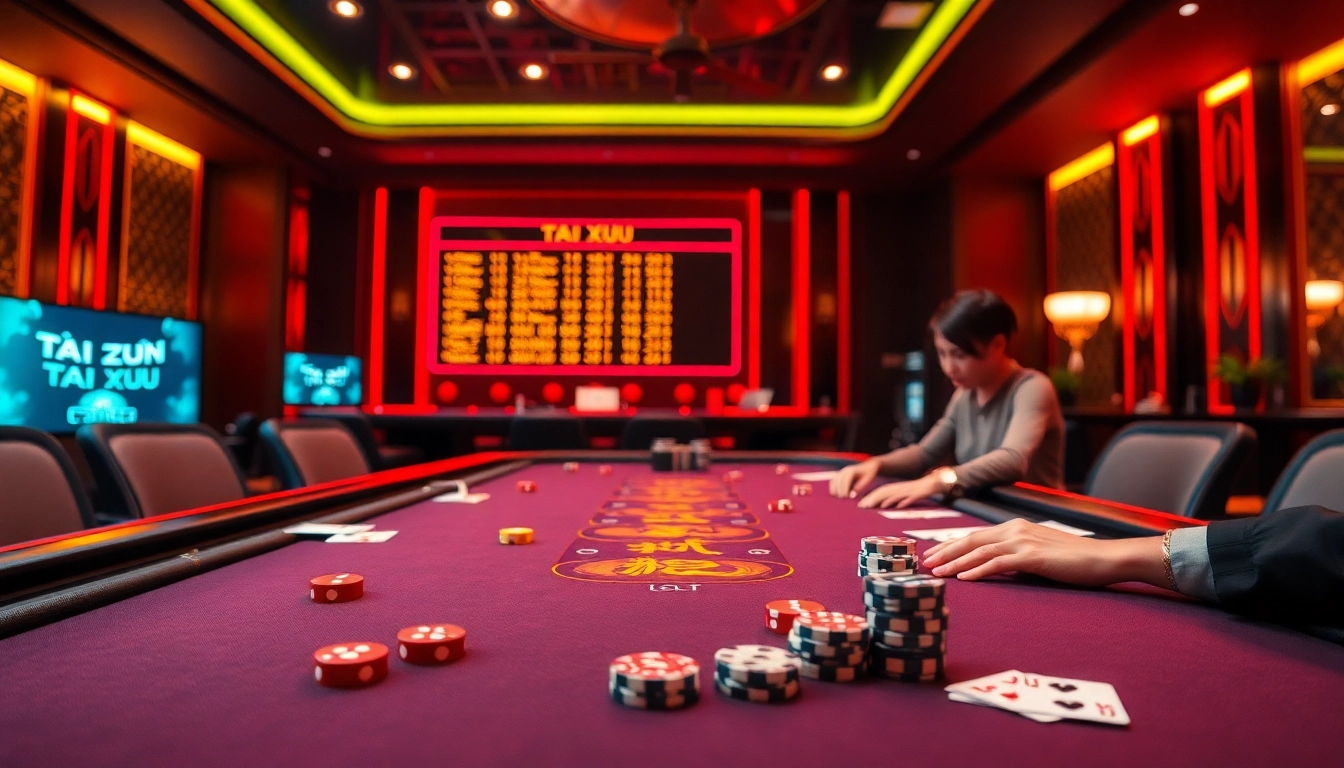 Players enjoying a thrilling game of tài xỉu at a modern casino table with vibrant dice and chips.