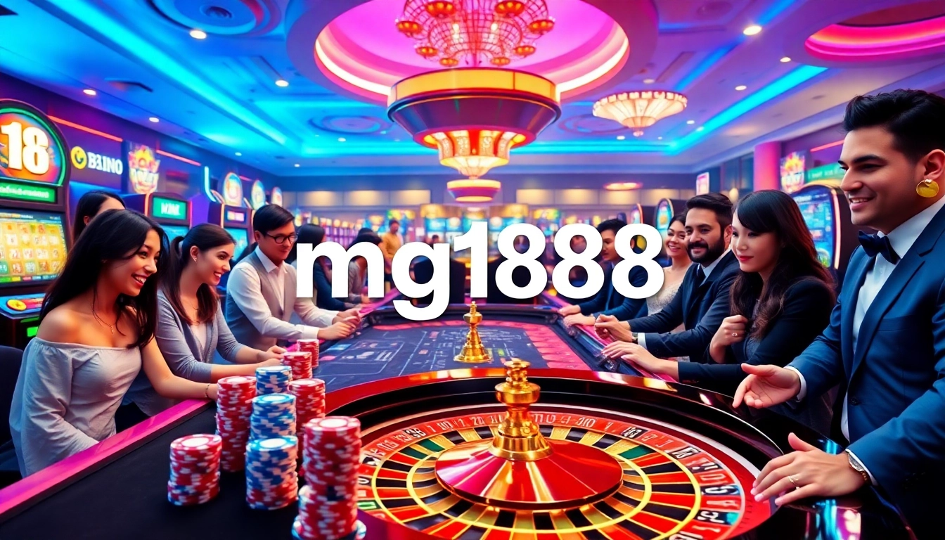 mg188 online casino experience with poker chips, roulette wheel, and slot machines in a vibrant setting.