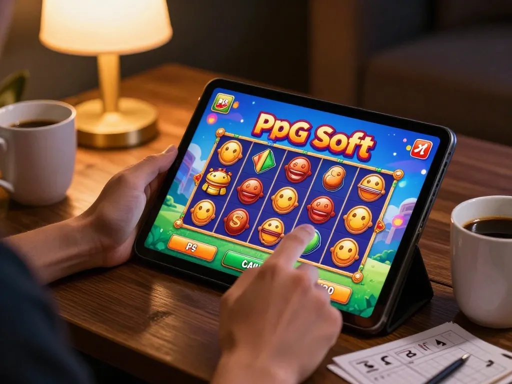 Memainkan Demo Slot PG Soft Mahjong di tablet di tengah suasana nyaman, menampilkan pengalaman bermain yang mendalam.