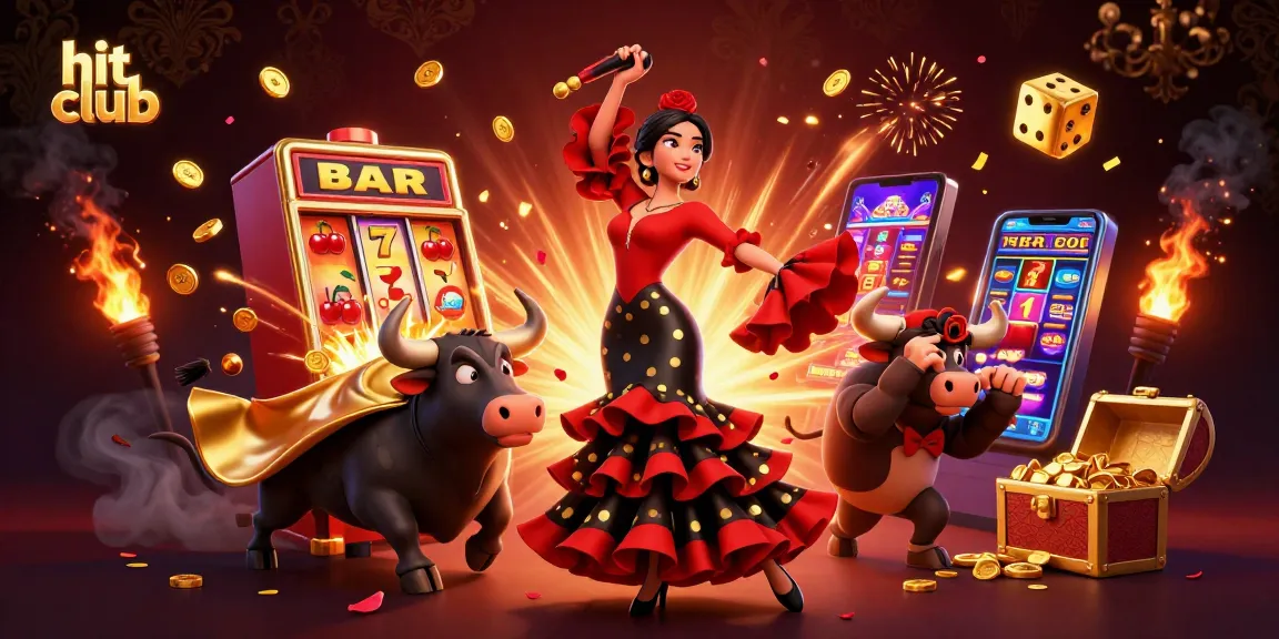 Hit club gaming scene with a woman in a flamenco dress and a cartoon bull amidst vibrant slot machines.