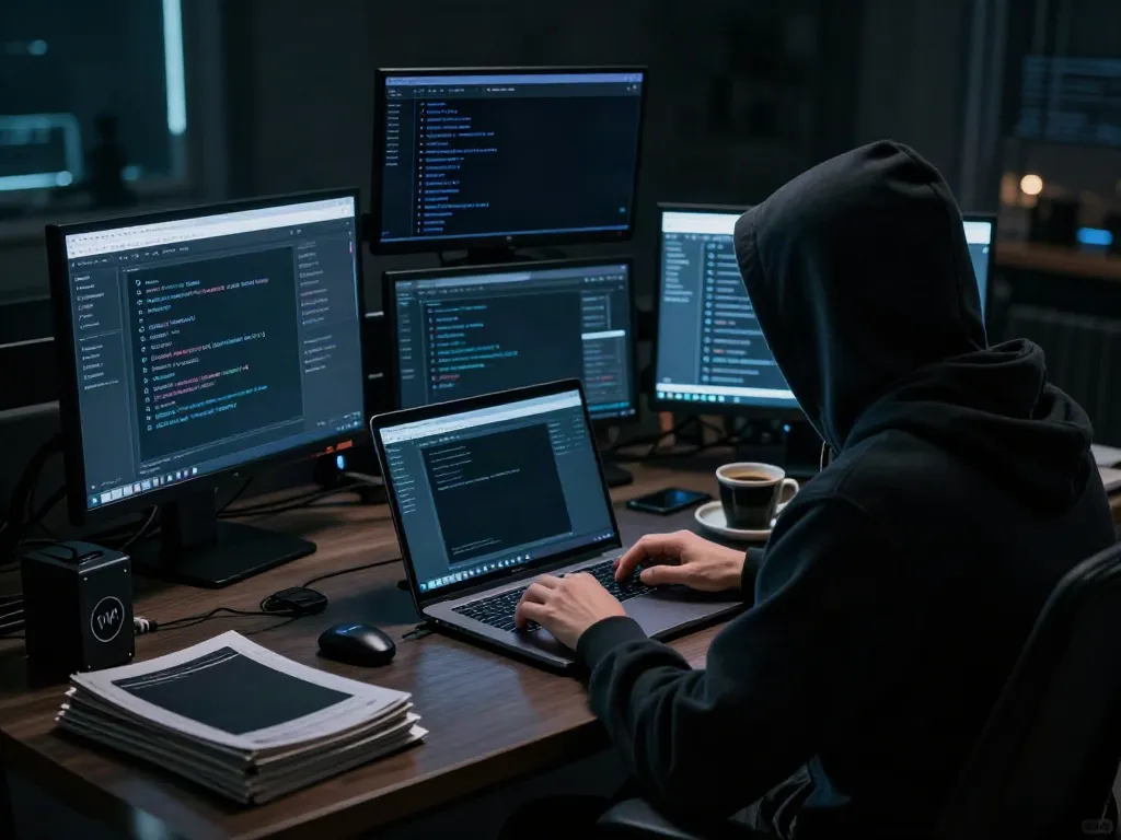 Exploring the hidden wiki in a dark web environment with multiple screens showcasing onion sites and digital privacy tools.