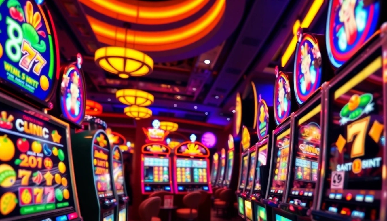 Nikmati Slot Game terbaik dengan mesin slot berwarna cerah dan pengunjung yang bersemangat.