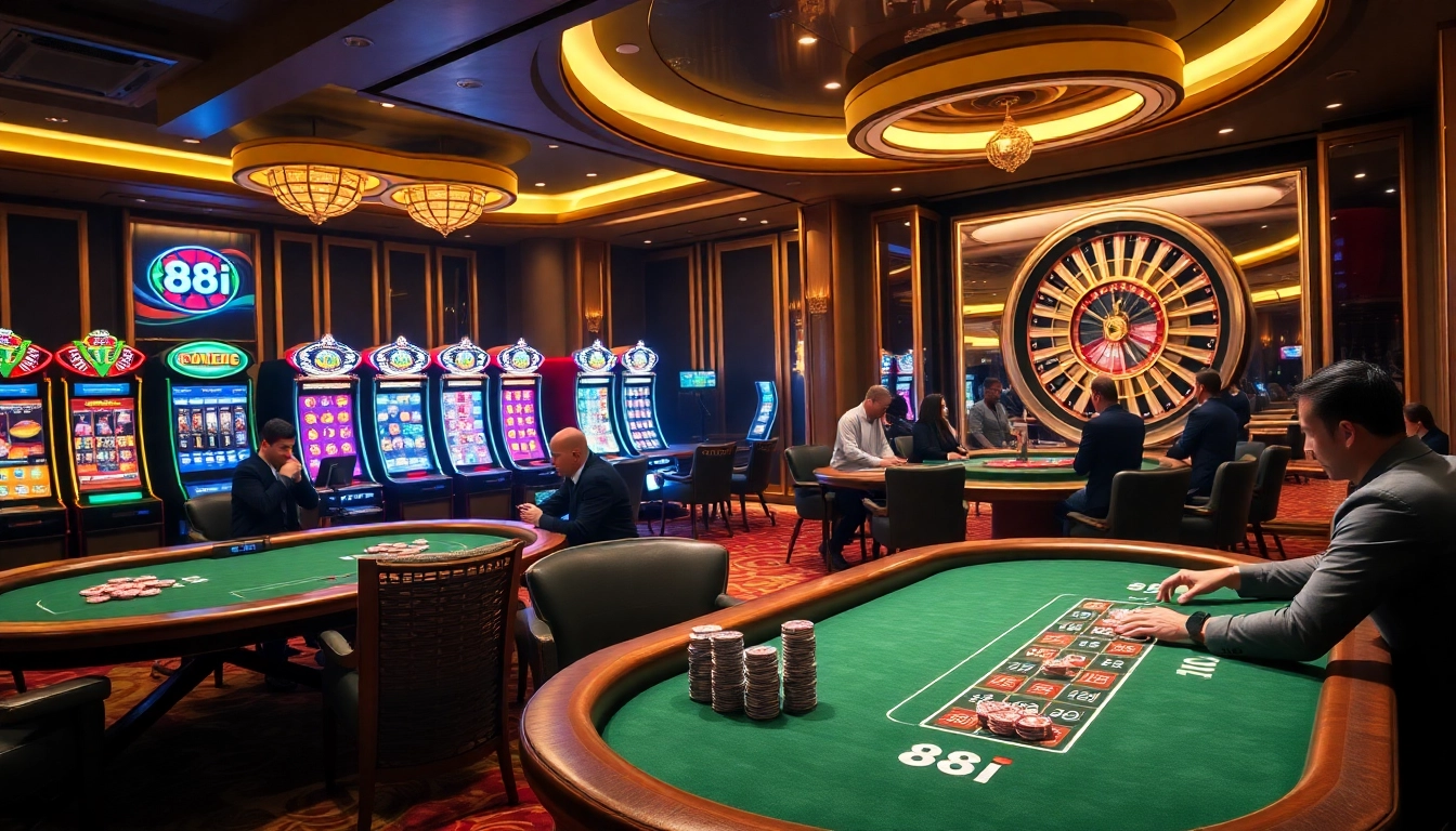 Engaged gamblers enjoying the excitement of casino games at 88i with vibrant poker tables and slot machines.