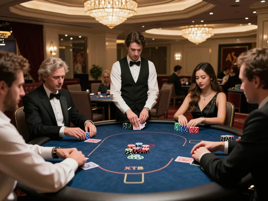 cm88 players strategizing at a luxurious poker table in an upscale casino