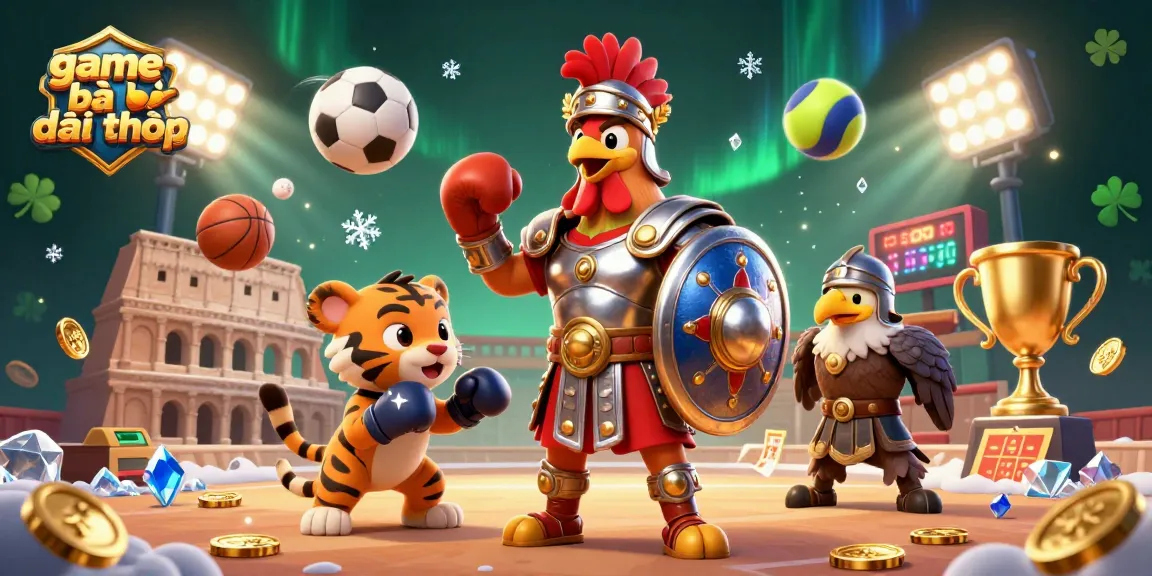 Experience the thrill of game bài đổi thưởng with a vibrant, action-packed illustration featuring a gladiator rooster, tiger cub, and eagle.