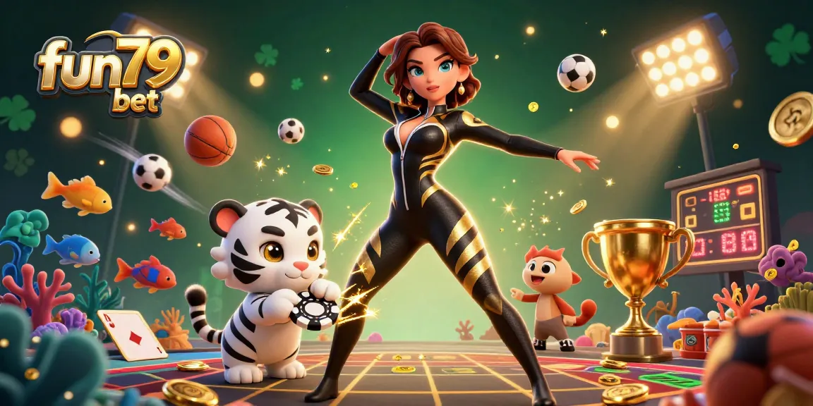 Win big with fun79 bet as a dynamic woman and a playful tiger engage in thrilling underwater fishing.