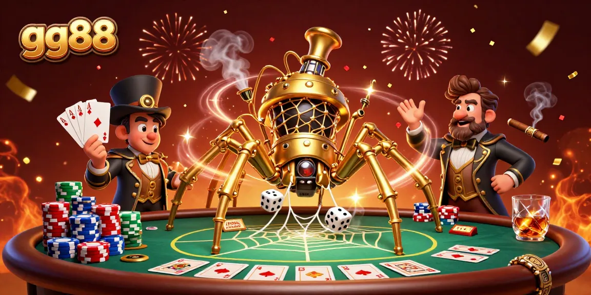 Engage in thrilling gameplay at gg88 with a dynamic scene of a golden spider and poker elements.