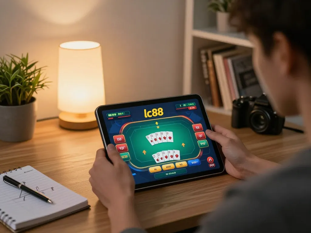 Player engaging in strategic poker gaming at lc88 online casino setup with tablet.