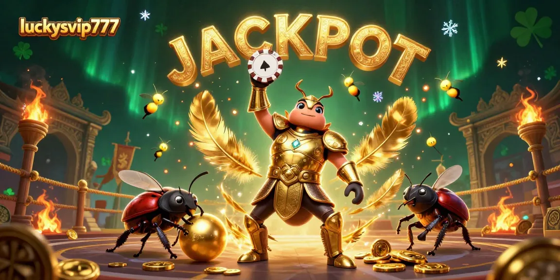 Luckysvip777 inspires excitement as a cartoon beetle lifts a poker chip in a vibrant casino scene.