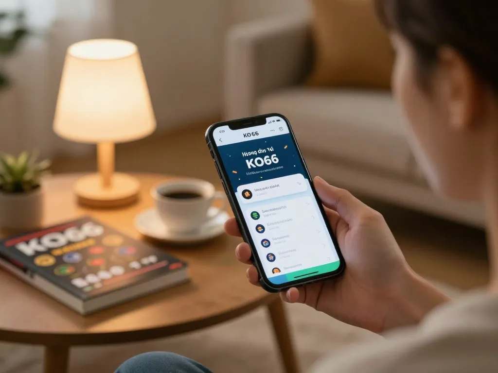 Person following Hướng dẫn tải app KO66 on a smartphone in a cozy home setting, relaxed atmosphere.