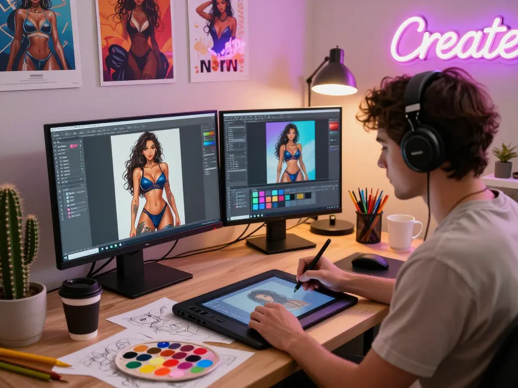 Creating captivating NSFW AI character designs in a vibrant digital art studio.