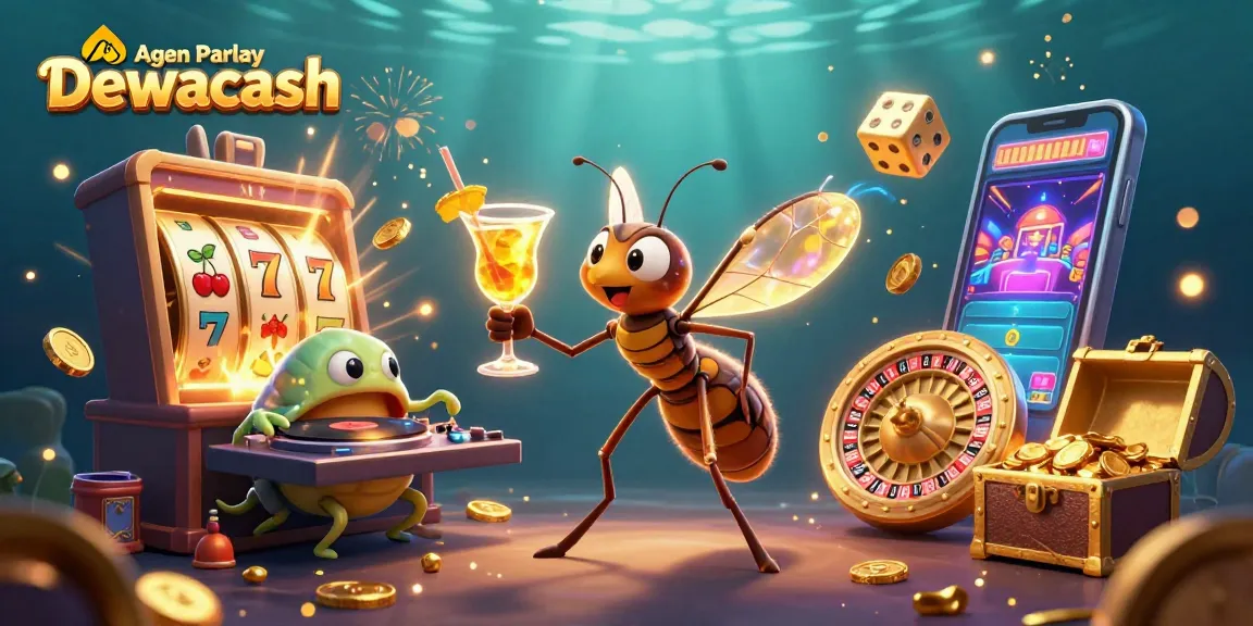 Agen Parlay Dewacash brings to life an exciting casino scene featuring a whimsical 3D mascot.