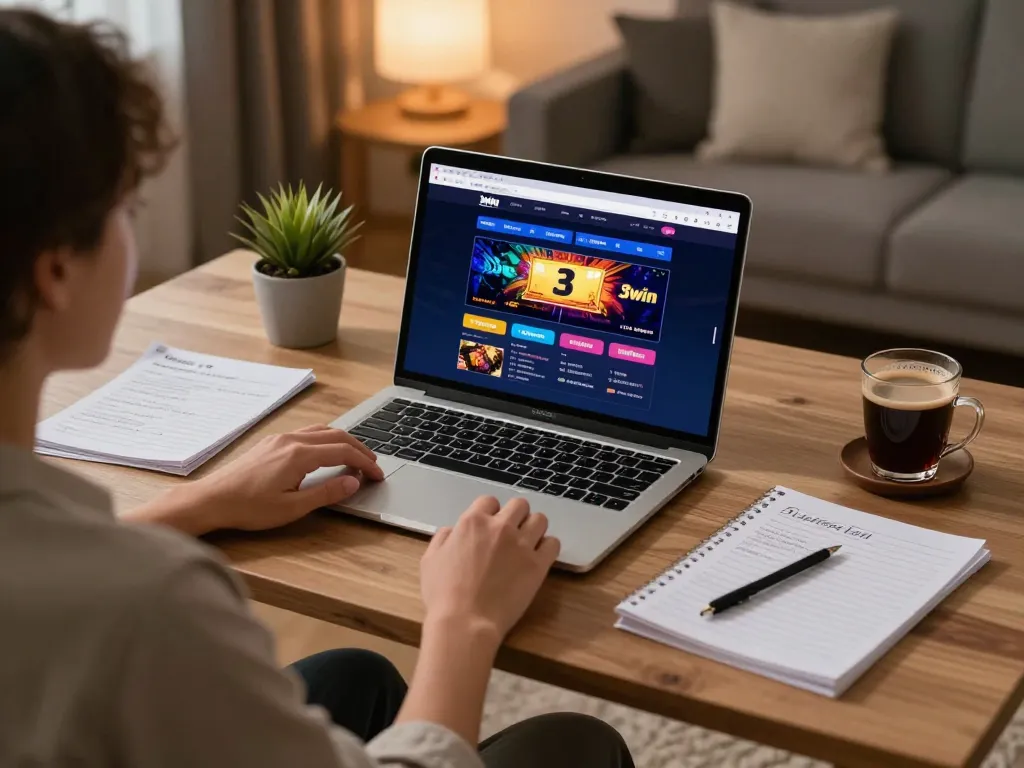 Playing on 3win's online casino platform in a cozy home setup, showcasing strategic gameplay.
