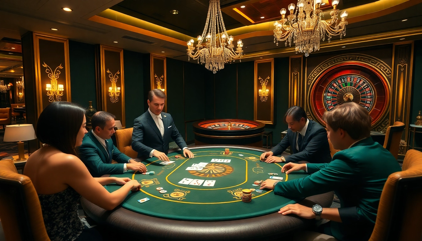 Players engaging at a GG88 casino table, showcasing excitement and luxury in a glamorous setting.