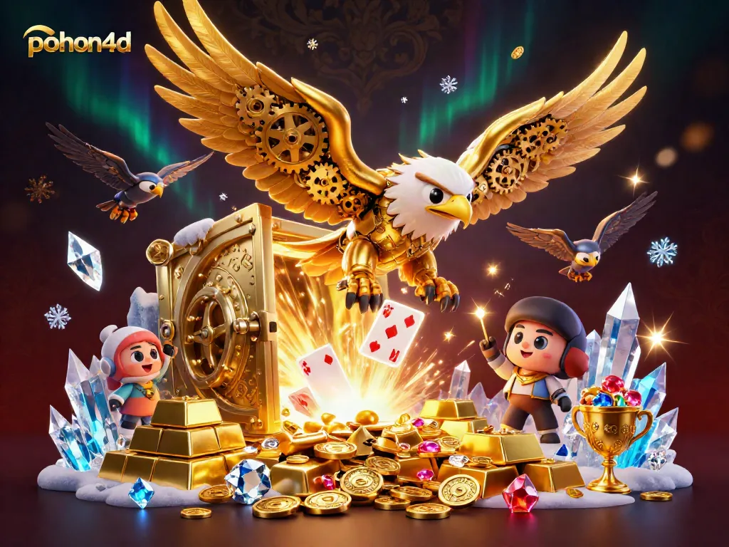 Pohon4d showcases a dynamic scene with a cybernetic eagle amidst shining treasure and playing cards.