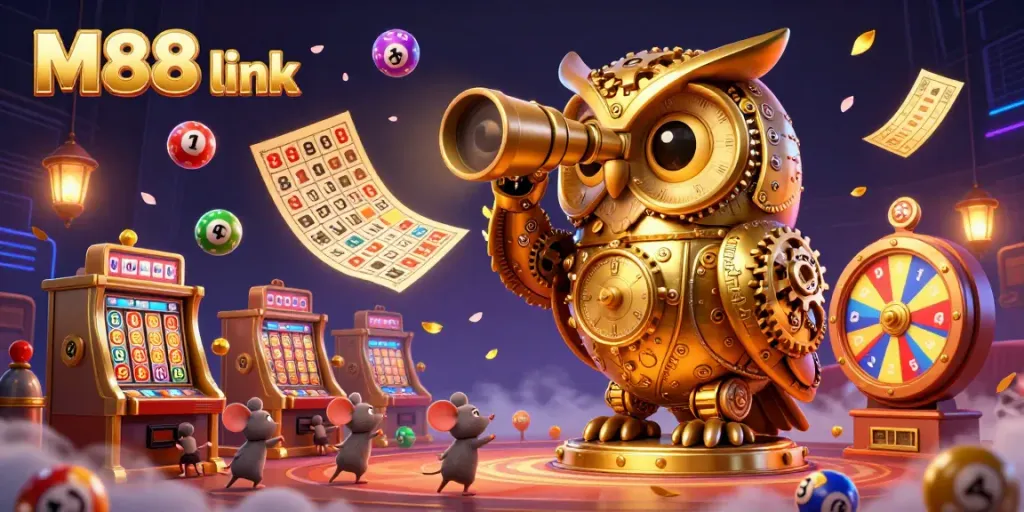 Khám phá M88 link với hình ảnh ấn tượng của con cú vàng và các trò chơi casino sôi động.