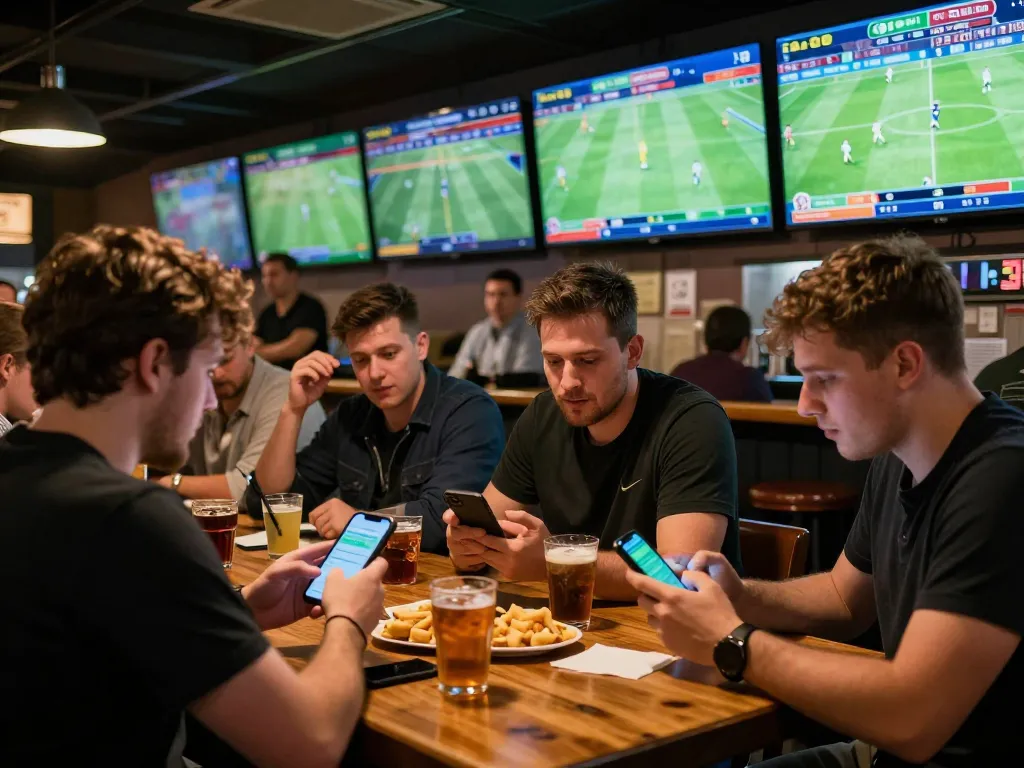 Tỷ lệ kèo nhà cái 5 displayed on screens as friends engage in sports betting at a lively sports bar