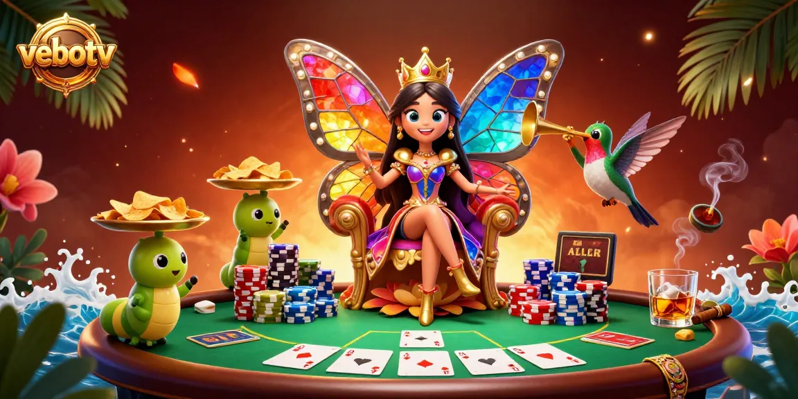 Experience vebotv's excitement with a 3D illustration of a butterfly queen and poker elements.