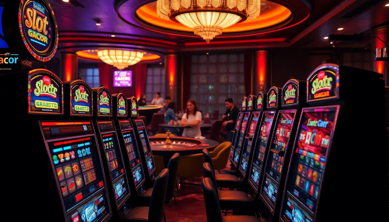 Players engaging with slot gacor machines in a luxurious casino, immersed in excitement and winning opportunities.