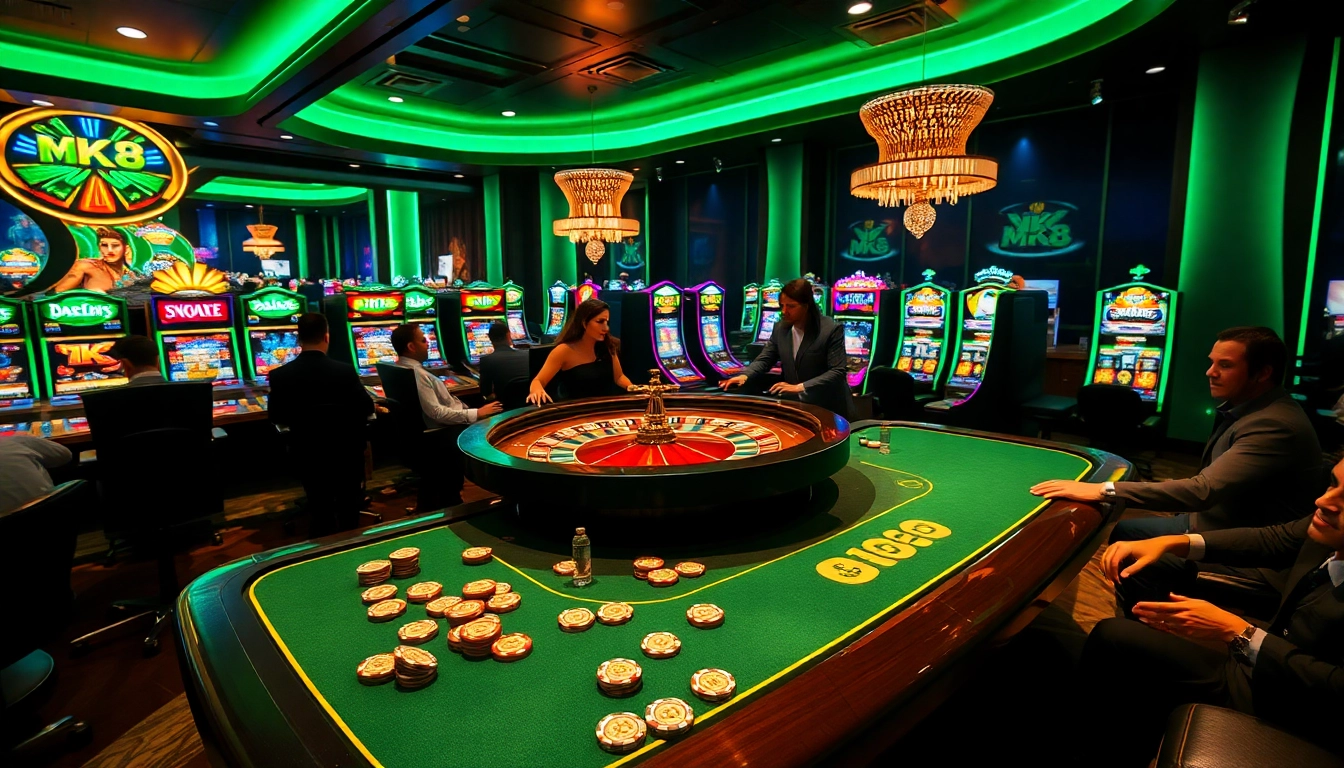 Players enjoy the excitement of MK8 at a luxurious casino, surrounded by vibrant gaming elements.