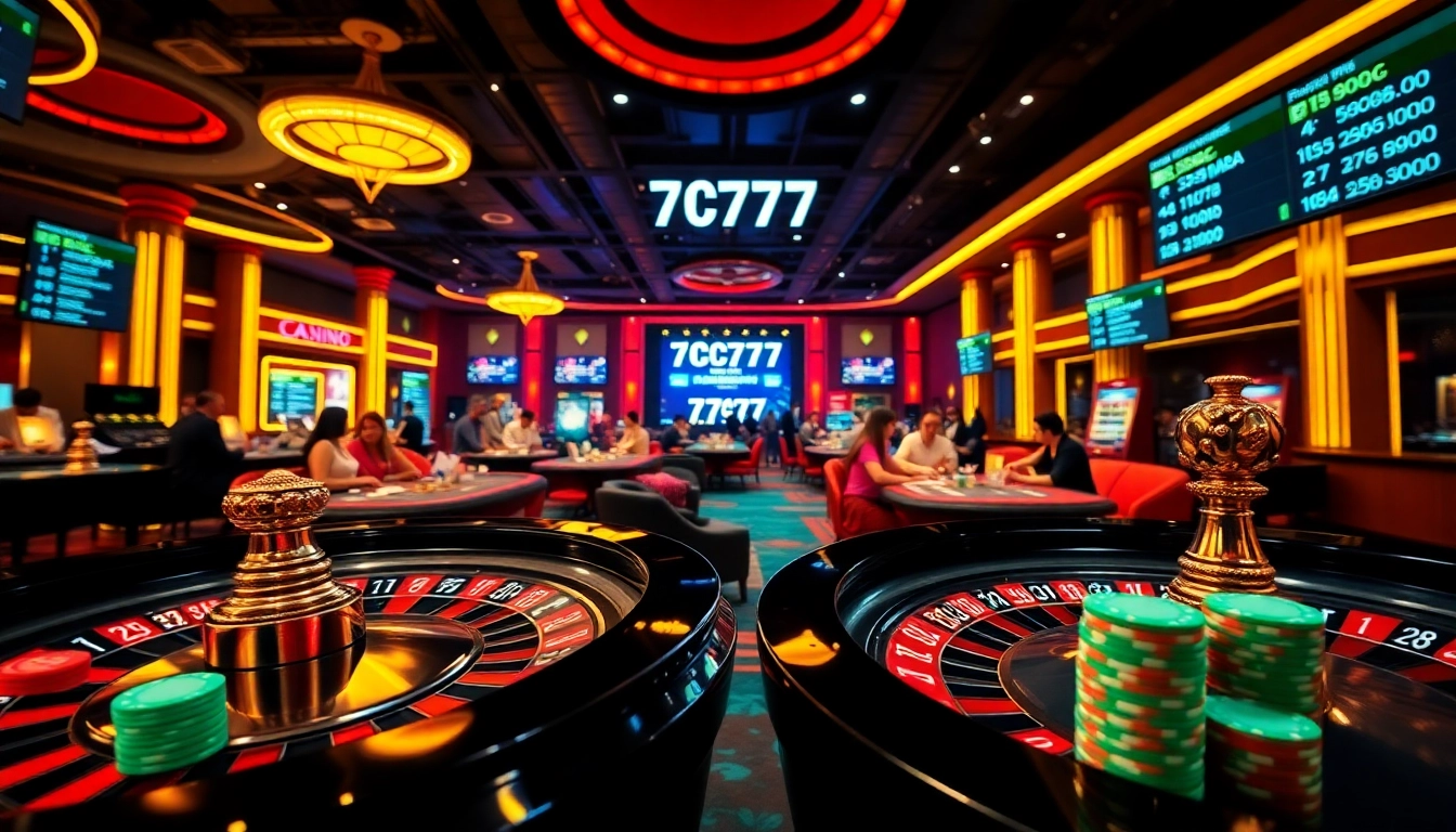 A dynamic casino scene featuring players engaged in poker and roulette with 7C77 odds displayed on digital screens.