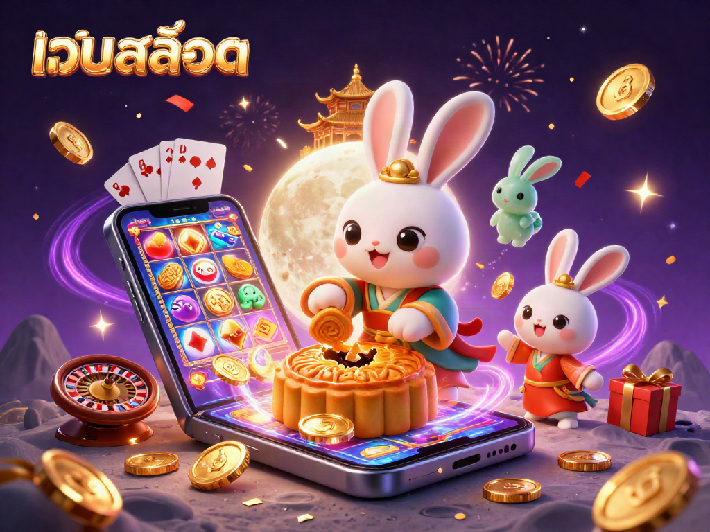 Winning big at เว็บสล็อต with a moon rabbit, poker chips, and slot game elements in action.