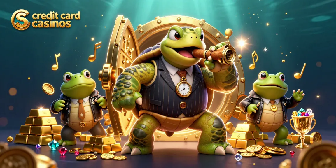 Experience thrilling credit card casinos with our vibrant 3D illustration of a turtle mobster and frog enforcers.