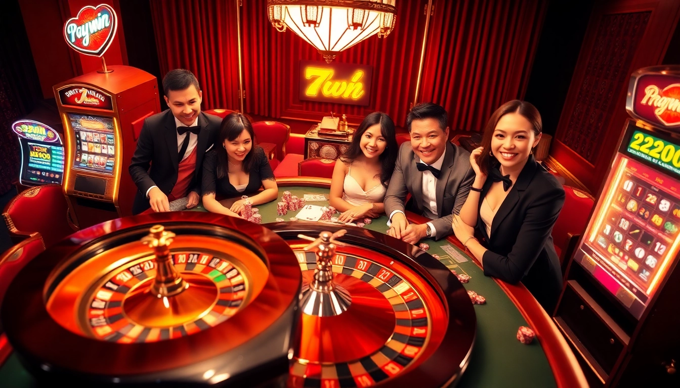 Experience vibrant excitement at 789 win with players enjoying a lively casino atmosphere featuring roulette and poker chips.