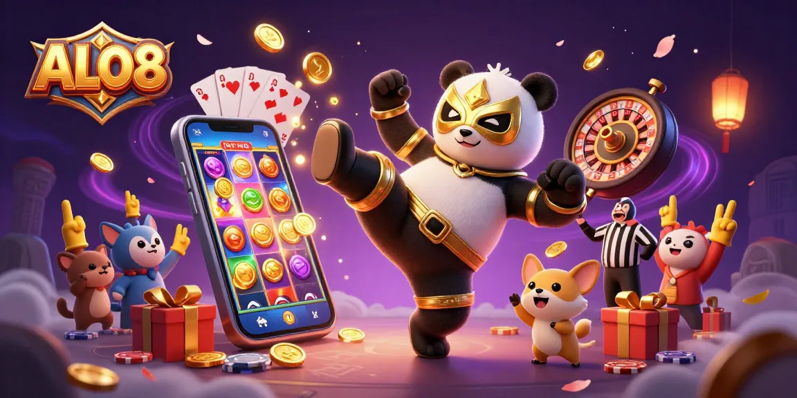 Experience excitement at ALO8 with a panda wrestler and a chihuahua referee in a vibrant casino scene.