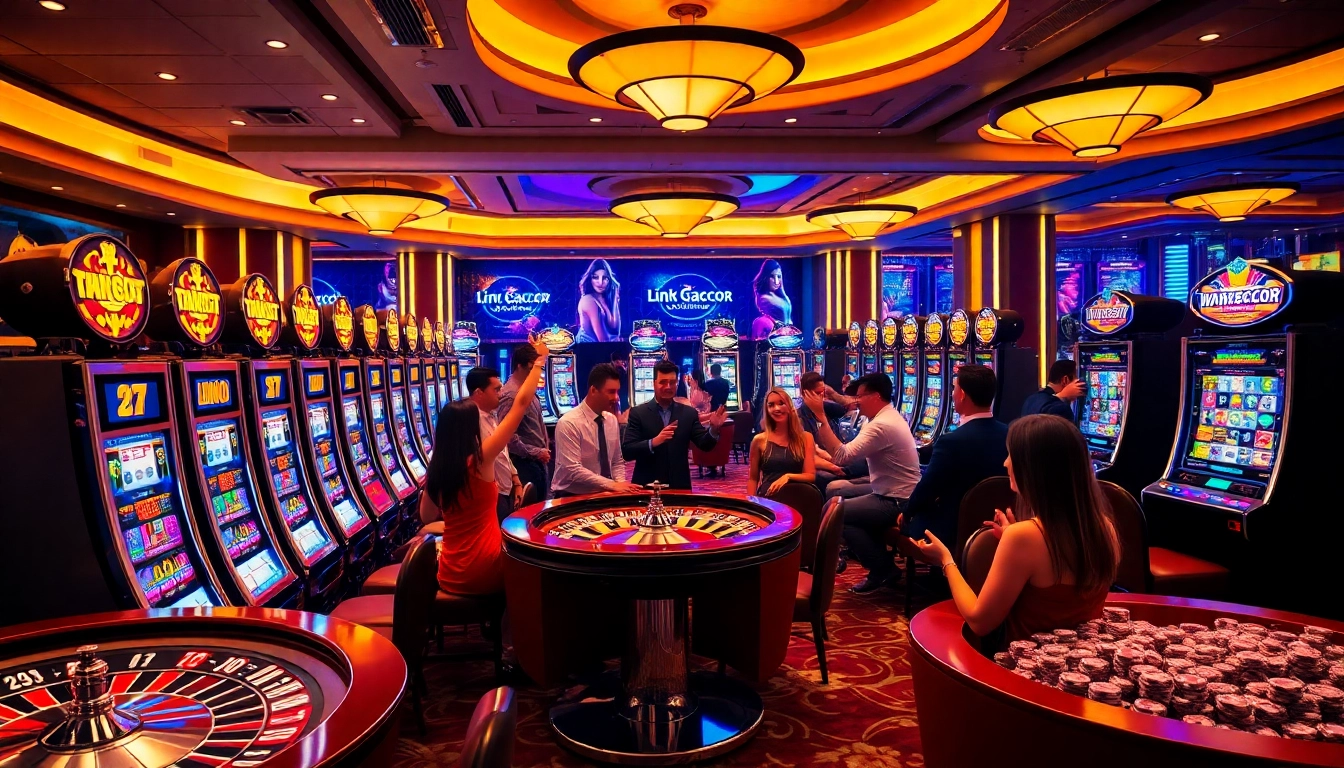 Players celebrating their wins at vibrant slot machines in a luxurious casino, showcasing link gacor.