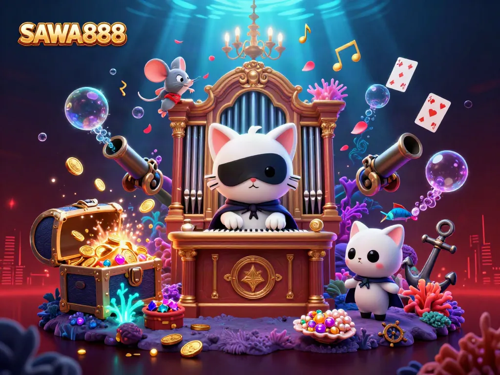 Engage with SAWA888 through a vibrant casino scene featuring a masked cat and playful elements.