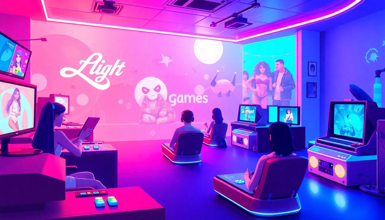 Dynamic gaming scene filled with sex games, colorful characters, and lively interactions.