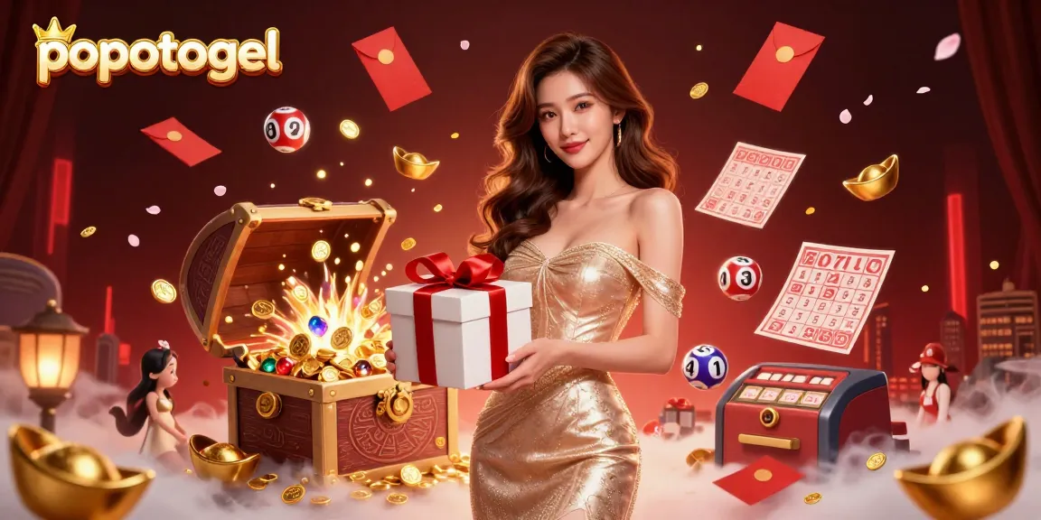 Engage with popotogel lottery excitement as a beautiful Asian woman in a stunning cocktail dress unveils golden tokens.