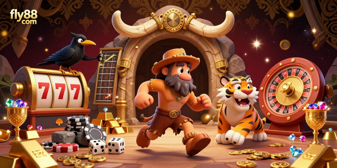Engage with exciting casino action at fly88 com through a vibrant and dynamic ancient gambling scene featuring a caveman, sabertooth tiger, and treasures.