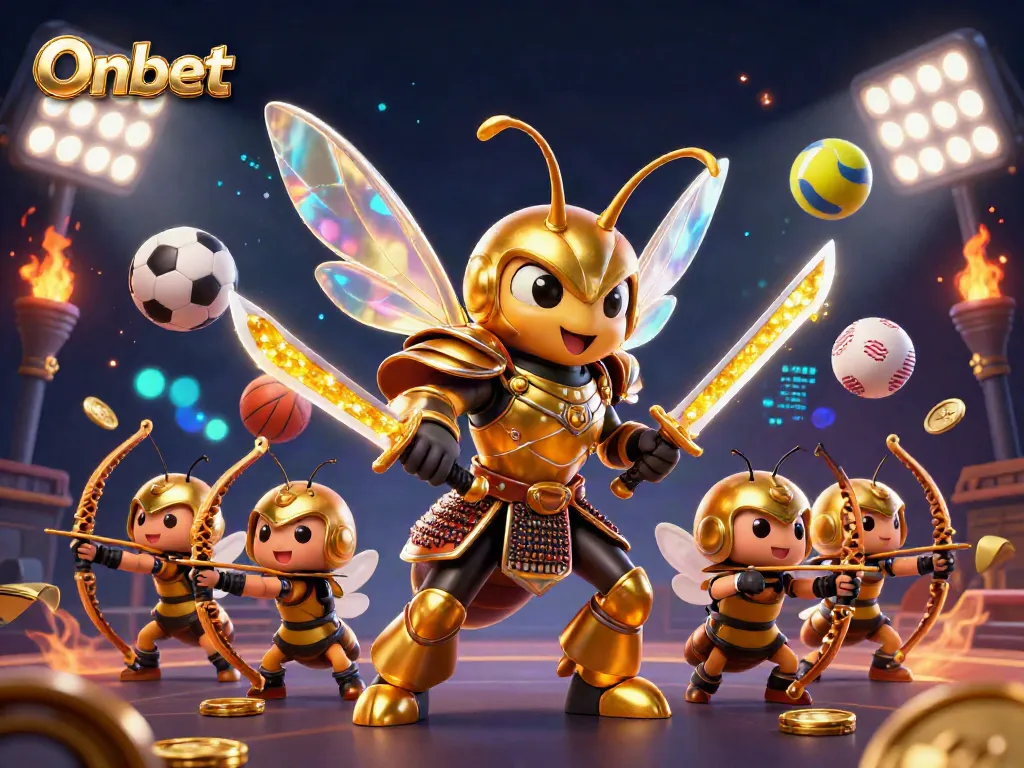 Engage with Onbet's thrilling gaming experience featuring a golden hornet in samurai armor and dynamic sports elements.