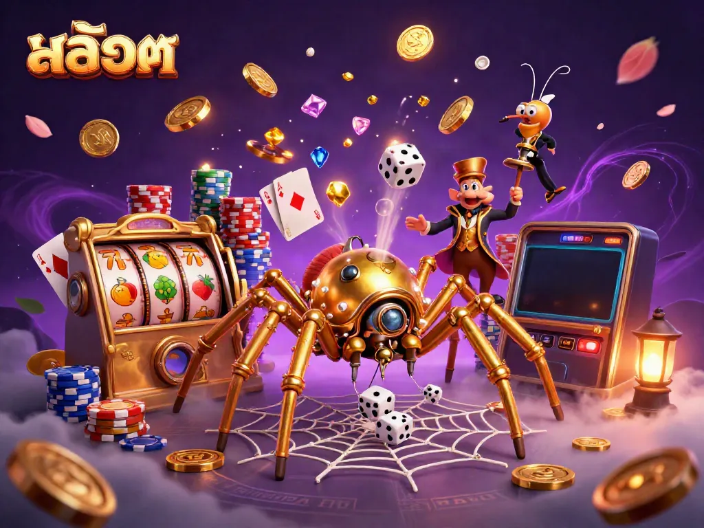Experience the excitement of สล็อต with a steampunk-inspired scene featuring a golden spider capturing dice in a vibrant casino.