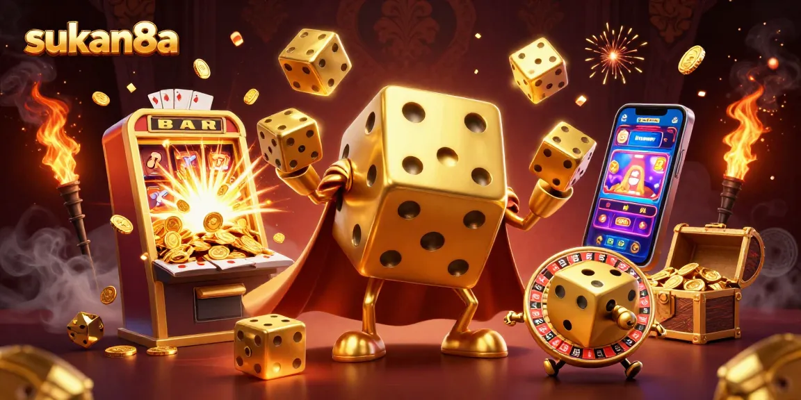 Sukan8a celebrates a jackpot scene with golden dice, vibrant casino elements, and an engaging atmosphere.