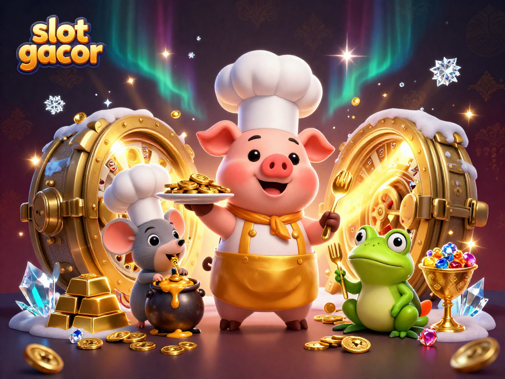 Enjoy thrilling slot gacor action amidst a vibrant casino scene filled with gold coins and treasures.