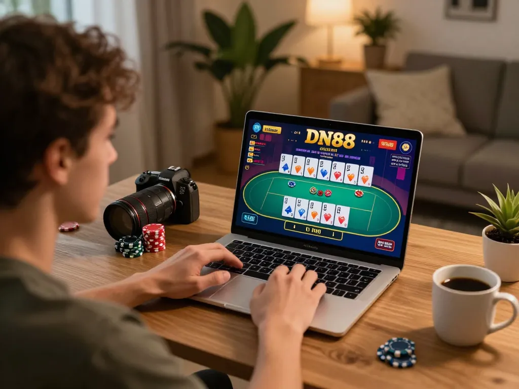 Player engaging in DN88 online casino gaming with poker interface on screen, showcasing responsible gaming.