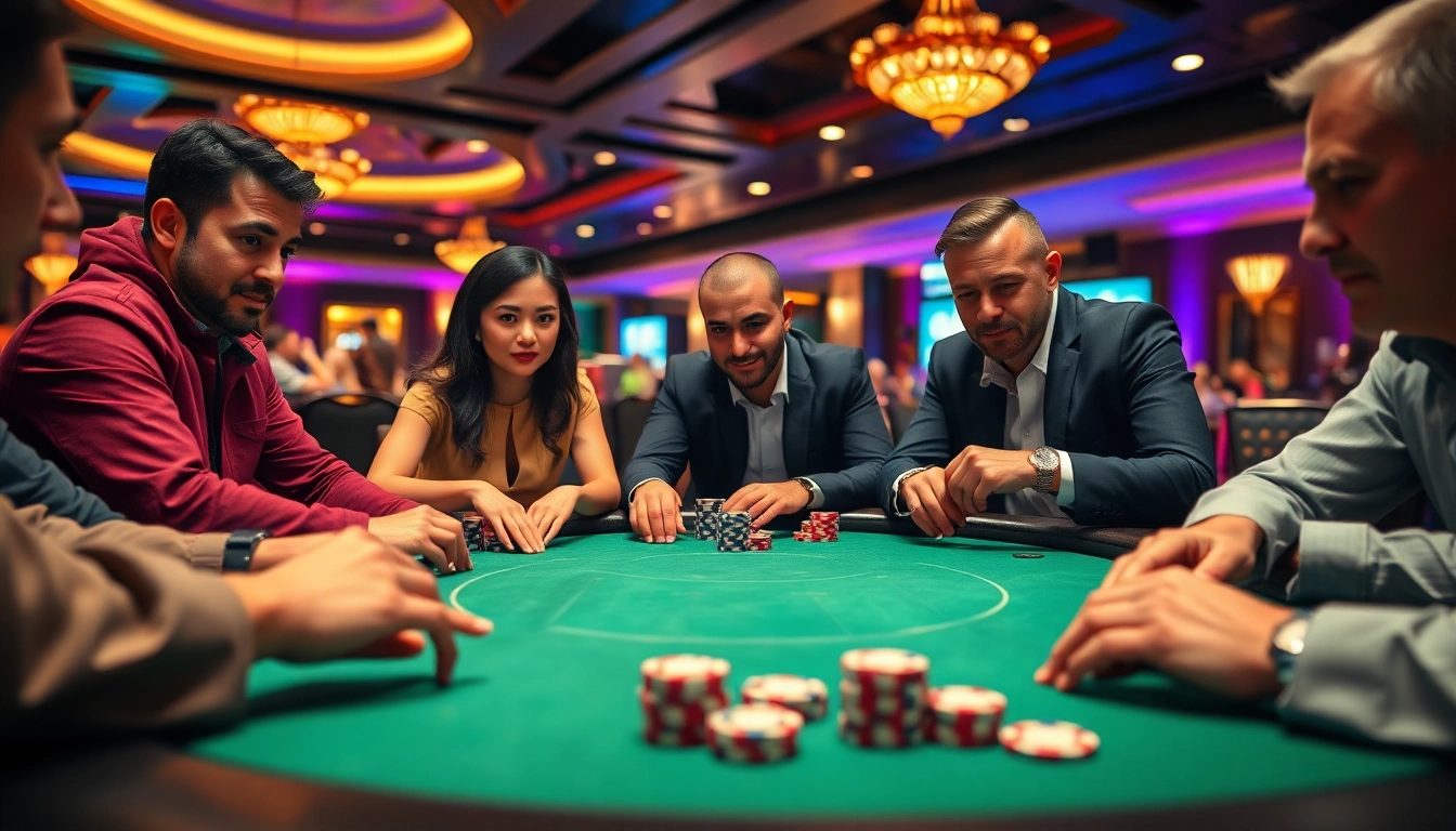 Engaging poker game scene showcasing players' strategies in a vibrant casino setting