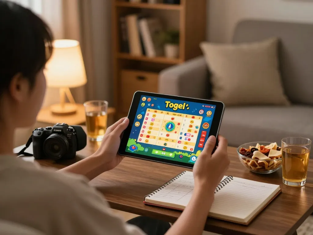 Engaging in togel hari ini online betting from cozy home setup with a tablet interface.