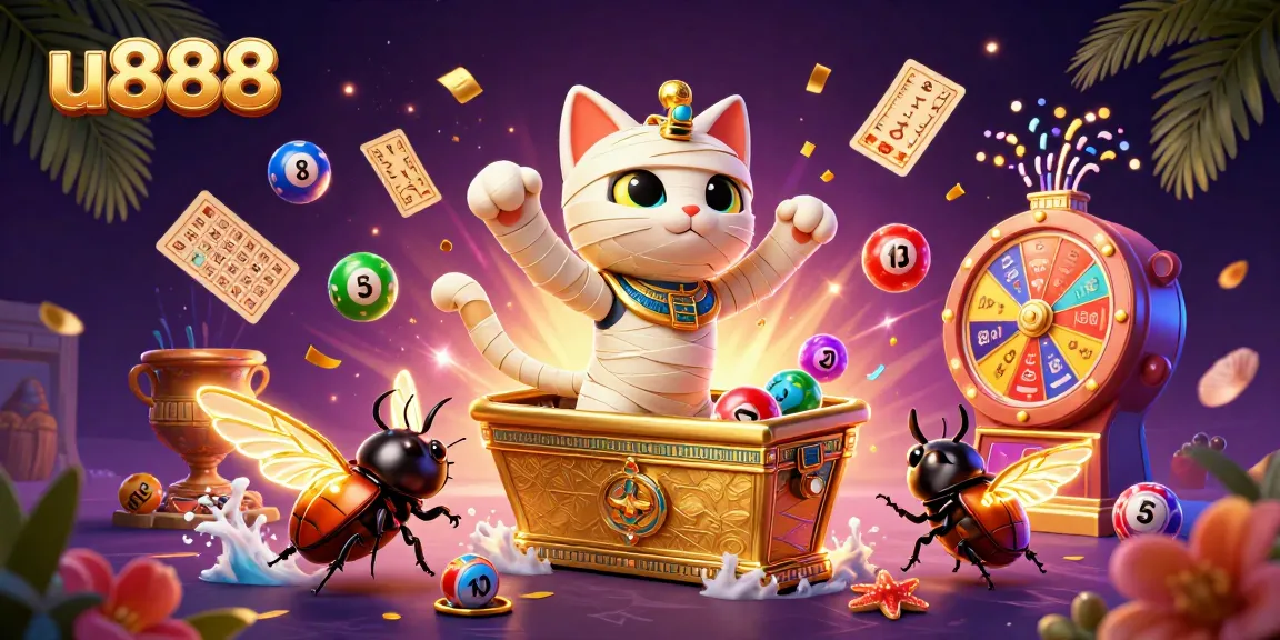Experience thrilling gameplay at u888, featuring a cartoon mummy cat and vibrant casino elements.