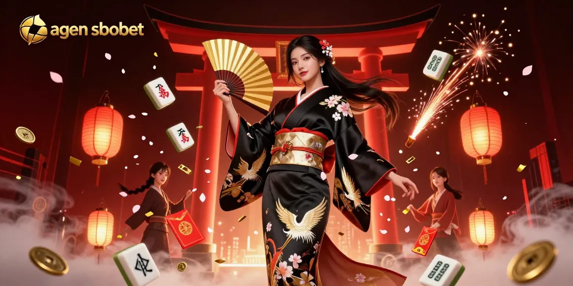 A vibrant scene showcasing the elegance of agen sbobet with a graceful Asian woman in traditional attire, surrounded by mahjong tiles and festive elements, perfect for immersive online gaming.