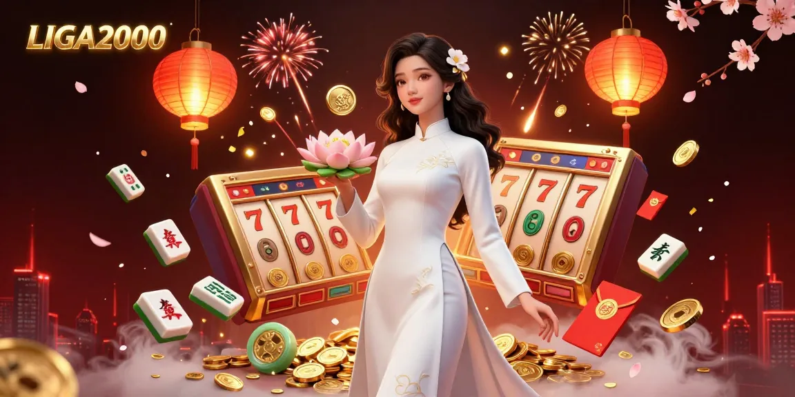 Pengalaman kasino LIGA2000 dengan gulungan slot yang cerah dan koin emas dalam suasana yang mempesona.