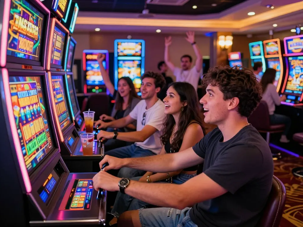 Exciting casino scene showcasing friends playing slot gacor hari ini with vibrant lights and themed machines.