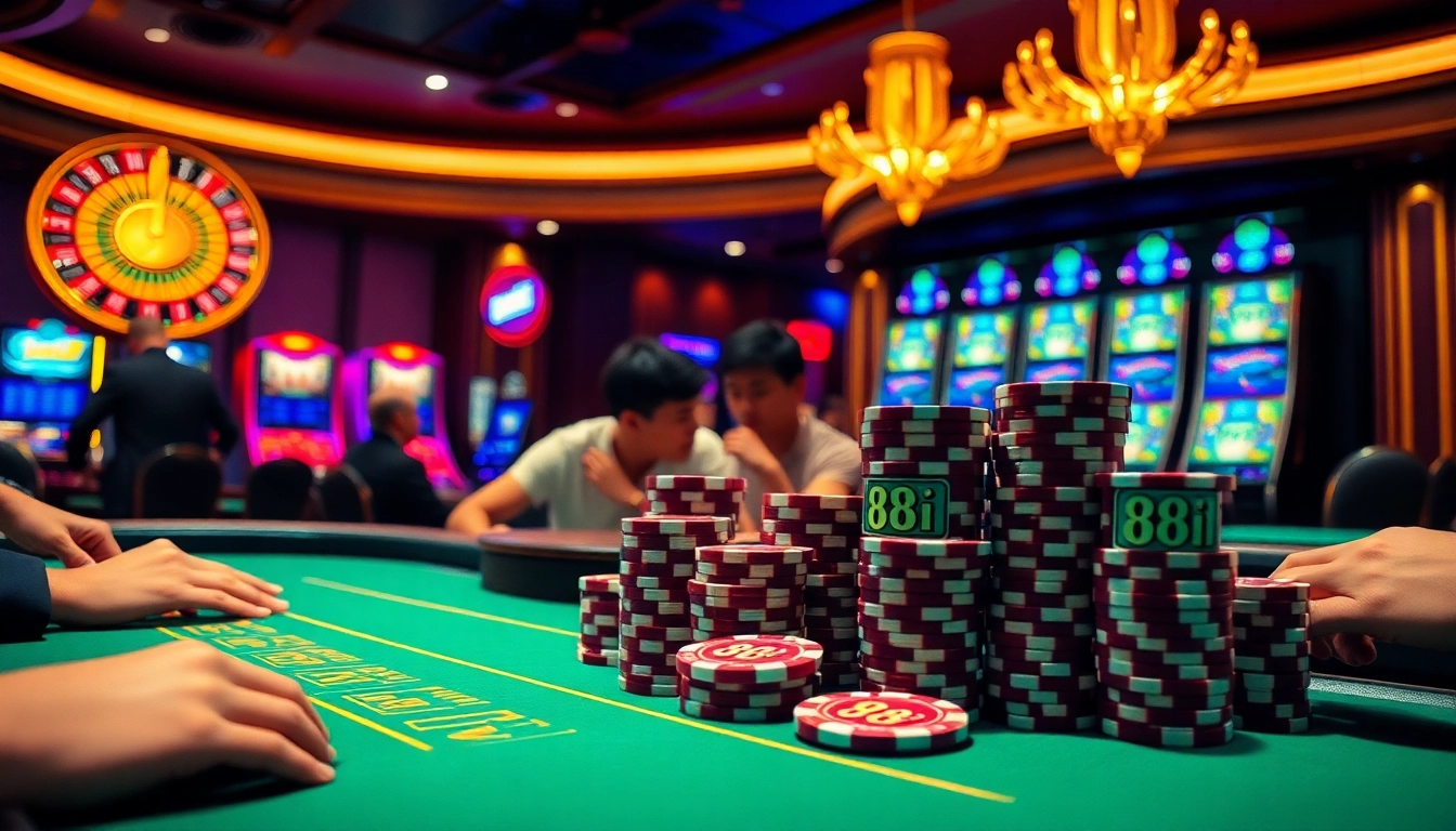 Players enjoying poker at an upscale casino table featuring 88i poker chips amidst glamorous surroundings.